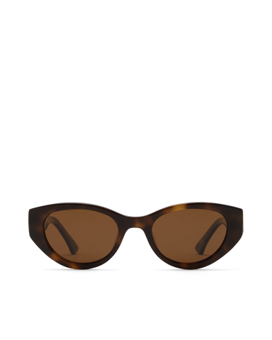 Sunglasses with tortoiseshell frame and brown lenses on a white background