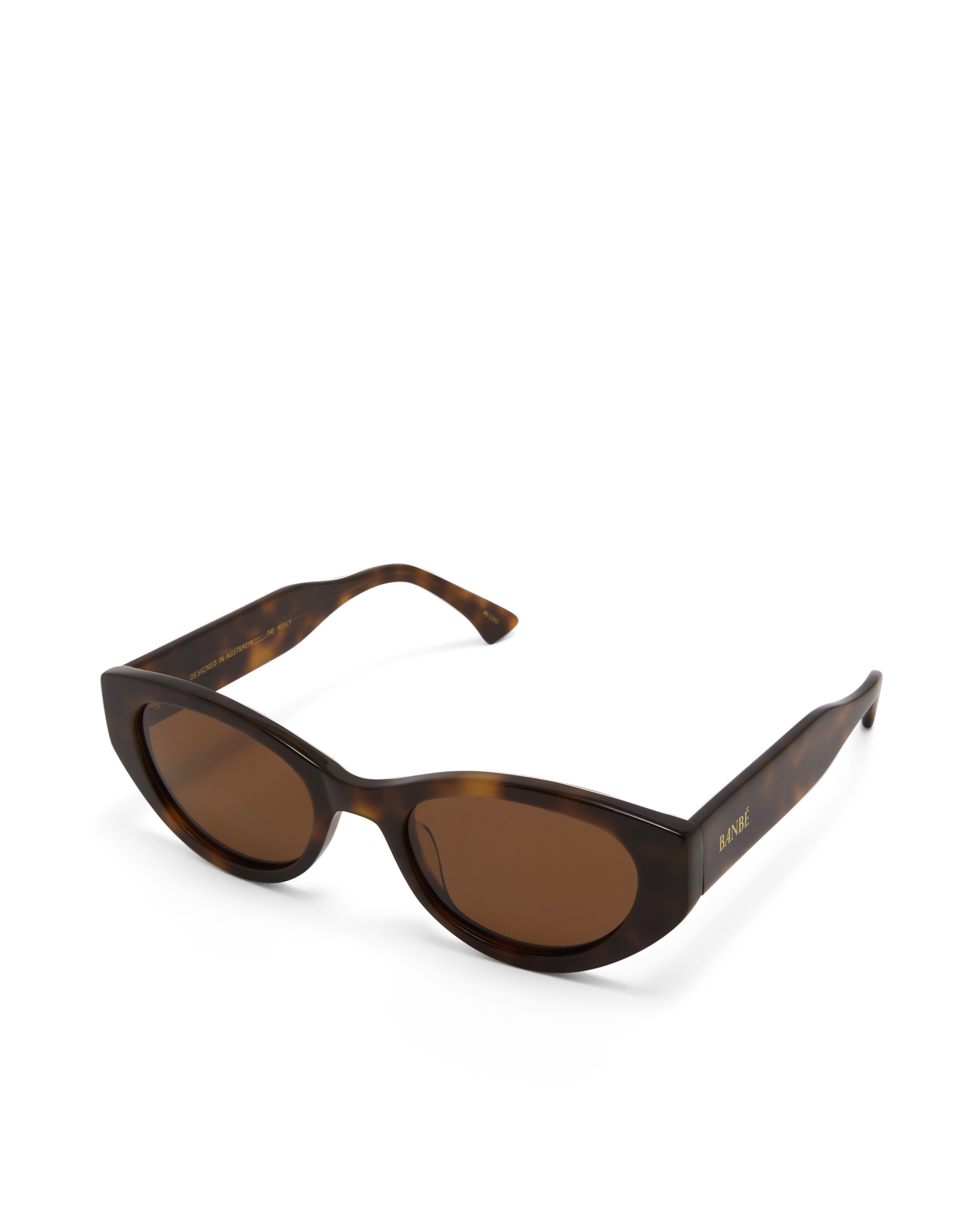 Sunglasses with tortoiseshell frame and brown lenses on a white background