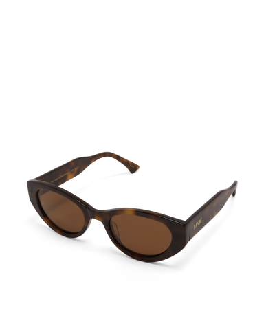 Sunglasses with tortoiseshell frame and brown lenses on a white background