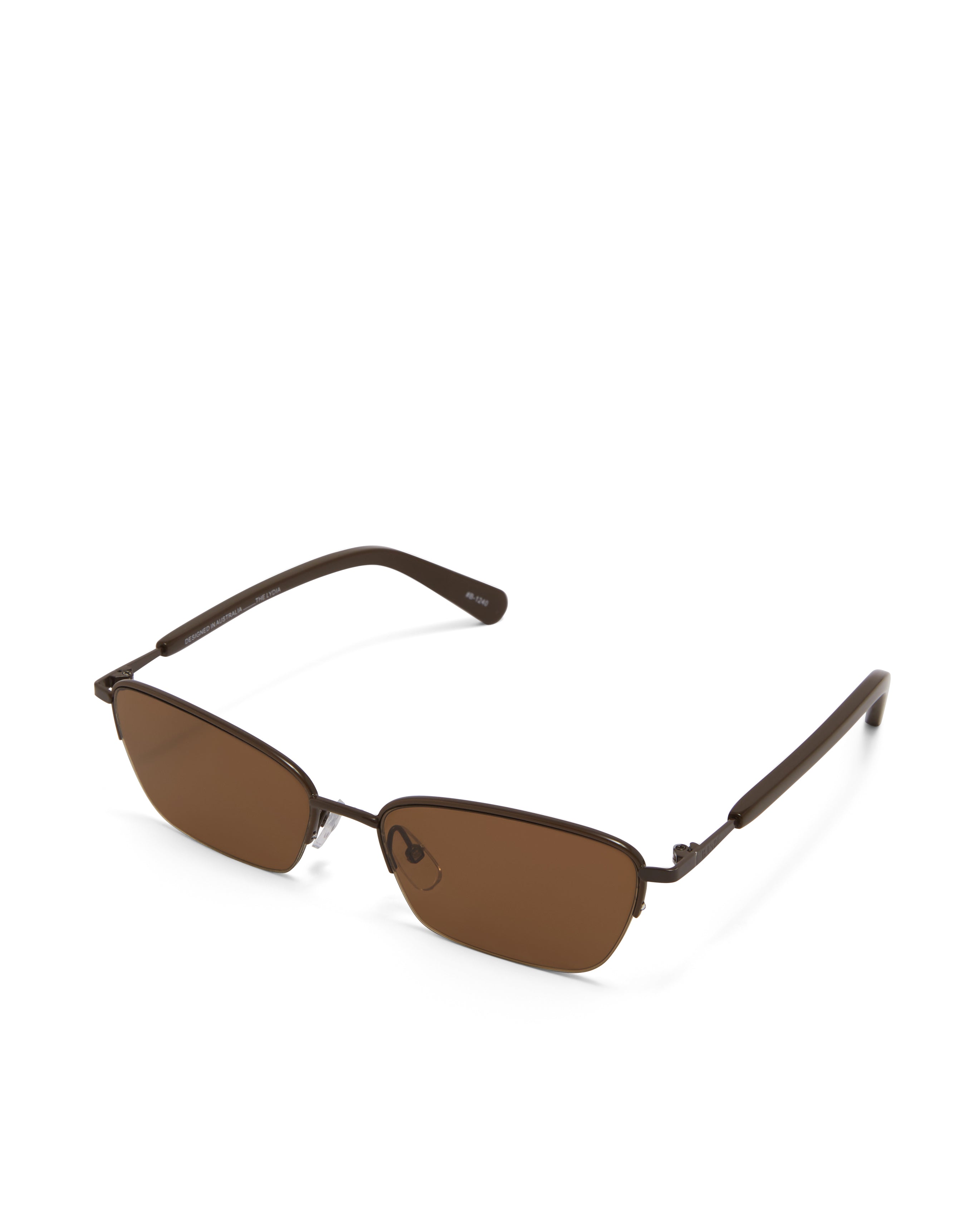 Women’s metal cat-eye sunglasses with UV protection, thin frame, brown tinted lenses, side view
