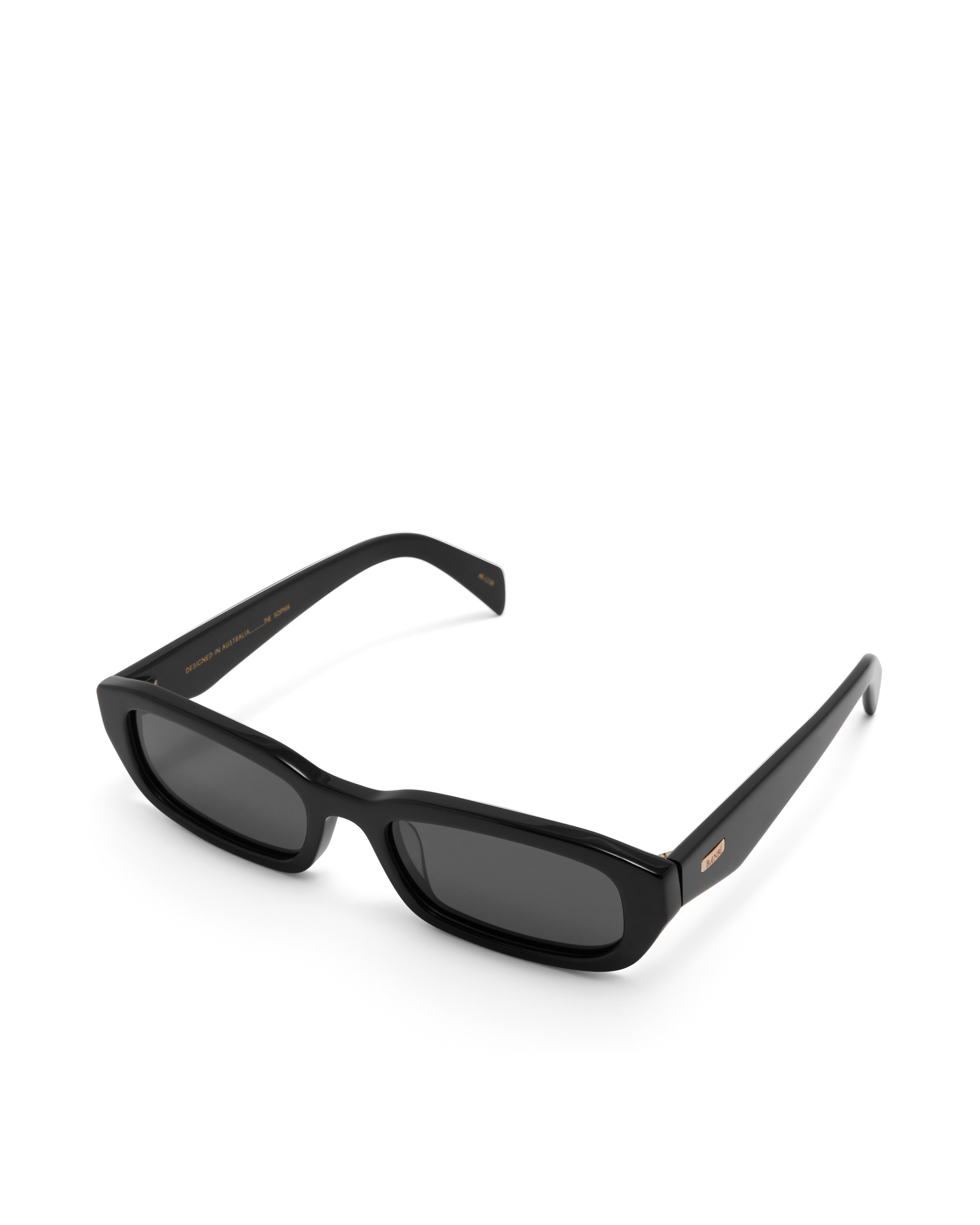 Women's sunglasses with a rectangular silhouette, chunky acetate frame, tonal tinted lenses, and wide arms for a bold, modern look with UV protection.